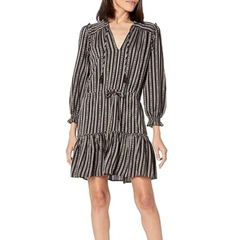 PAIGE Kaylynn Mini Dress S Black Multi Tassel V-Neck Drawstring Waist 3/4 Sleeve